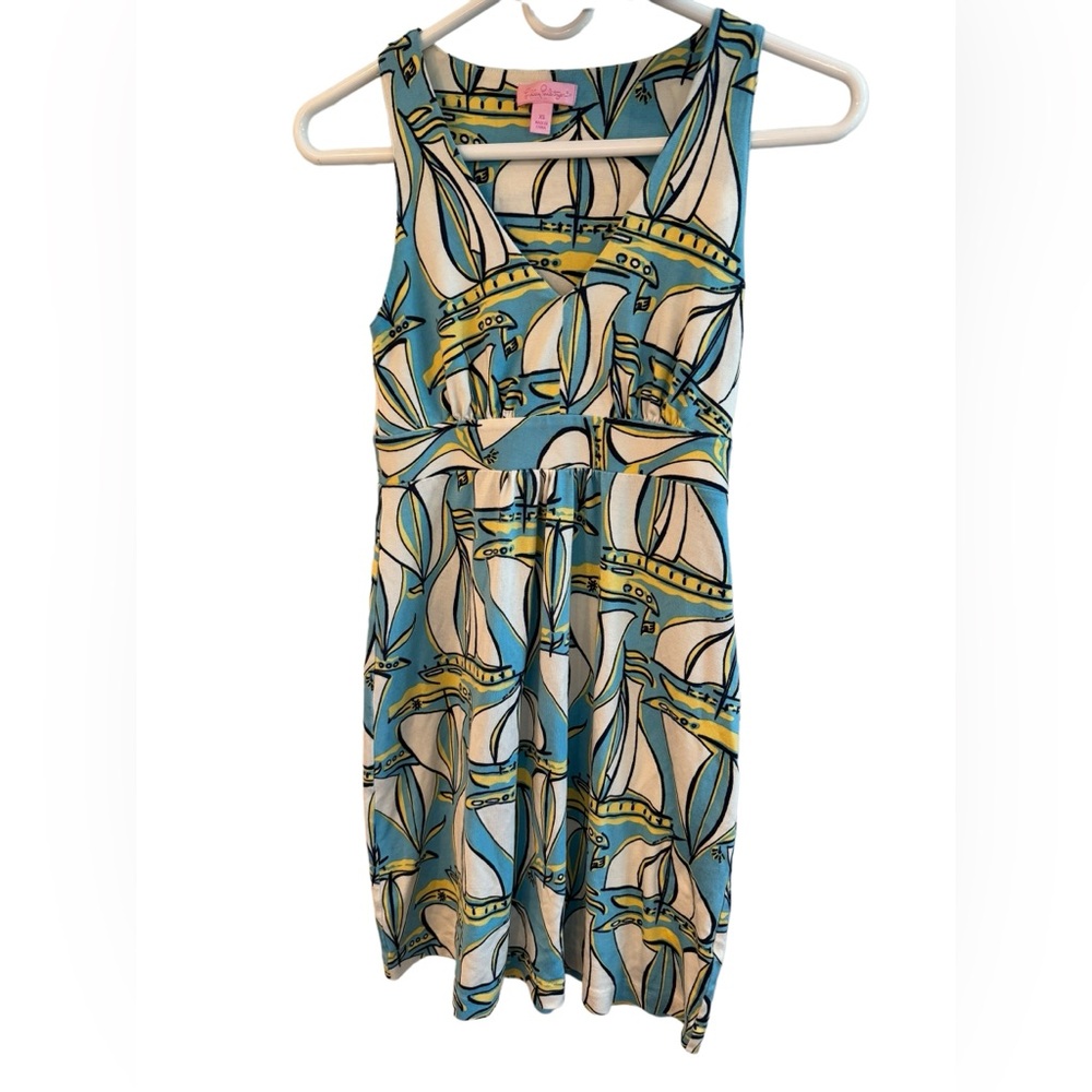 Lilly Pulitzer Patty Silk/Cotton Blend‎ Blue and White Dress w Sailboats Size XS